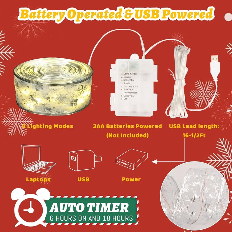 Vimorg Christmas Decorations, 2.5Inch x 33Ft 100 Led Christmas Tree Ribbon Lights with Remote Control, Battery Operated & USB Powered 8 Lighting Modes Fairy String Lights with Timer for Xmas Decor - Image 3